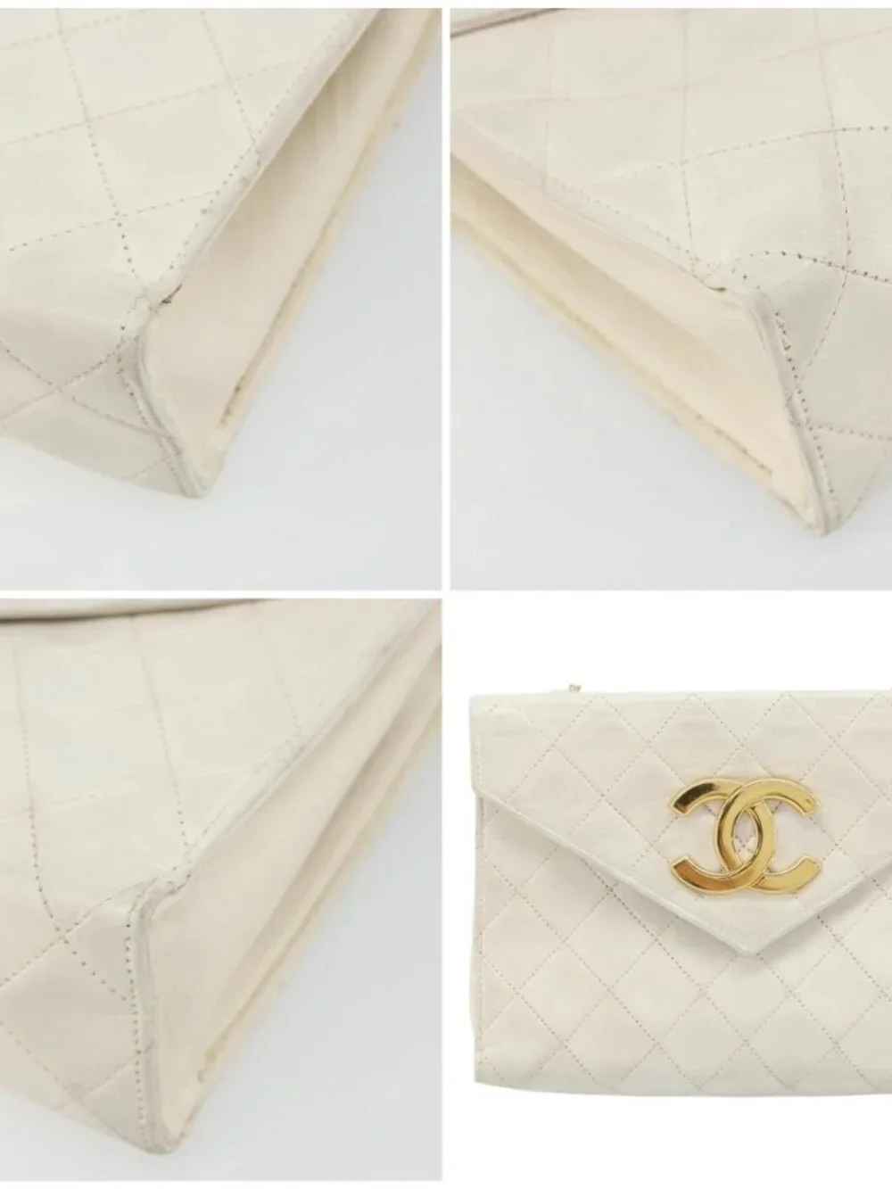 CHANEL Matelasse Chain Shoulder Bag Lamb Skin White Gold CC Auth YKZ1616